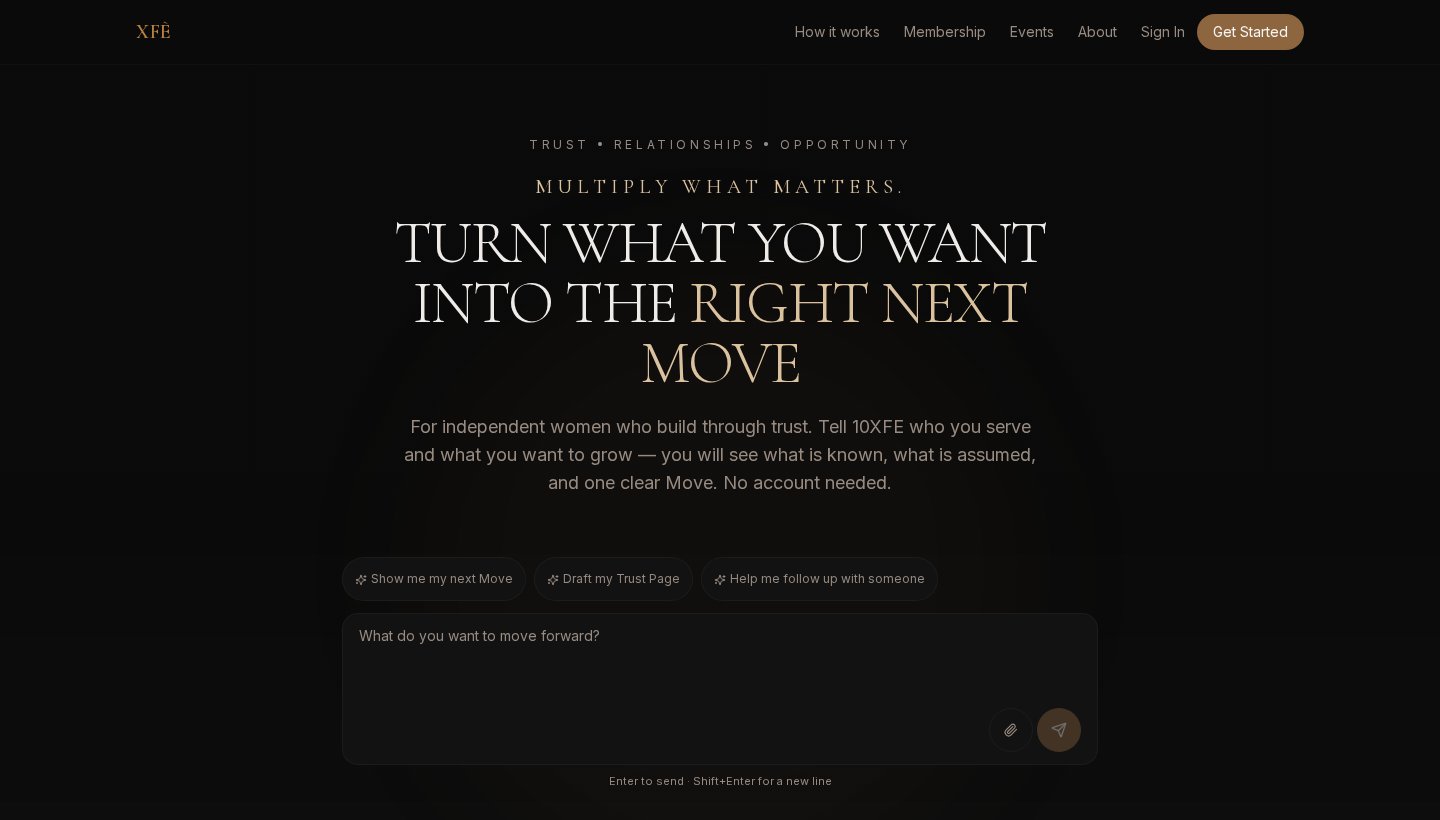 Screenshot of the live 10XFE.com homepage: Turn what you want into the right next move